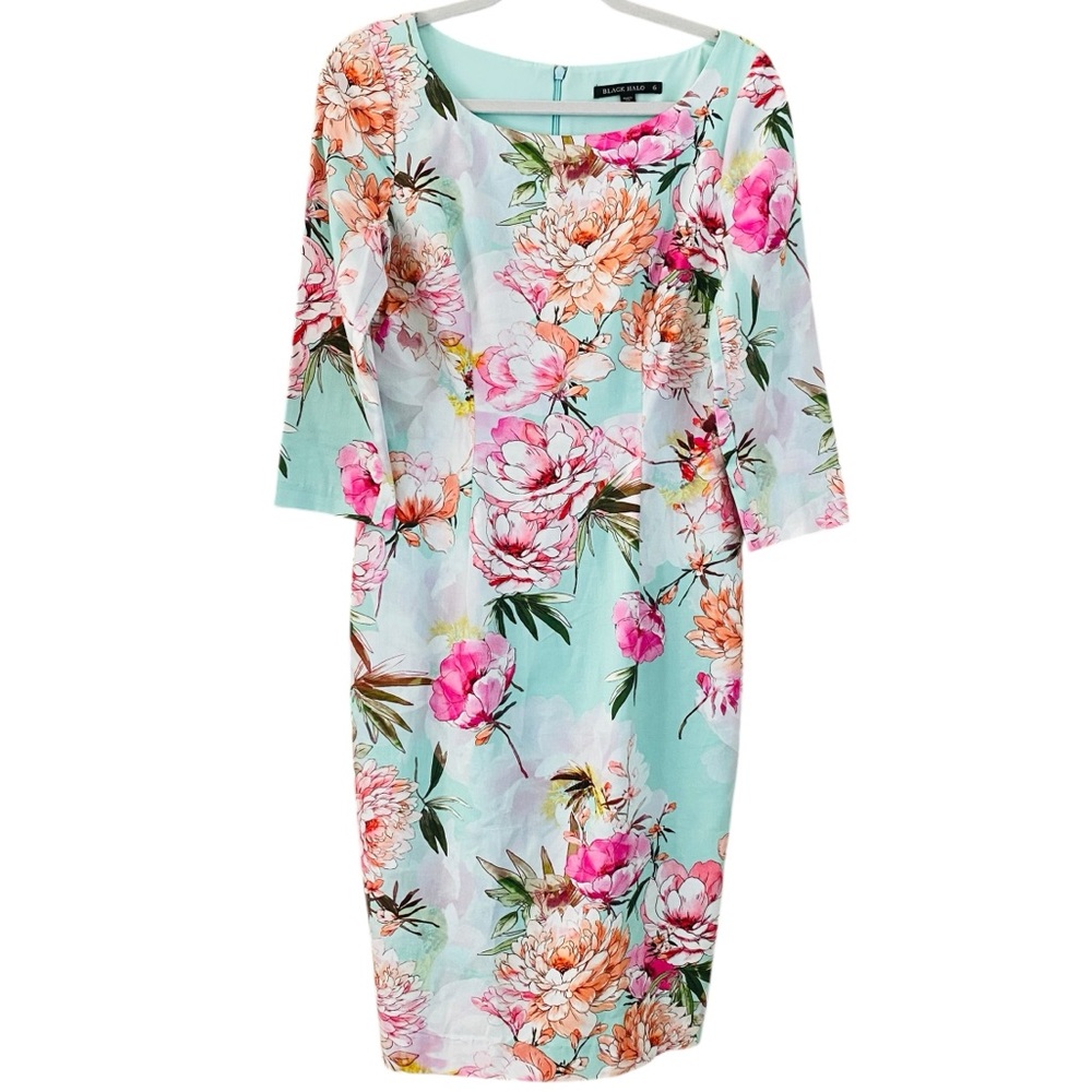 Black Halo Seafoam Green‎ & Pink Floral 3/4 Sleeve Midi Sheath Dress Size 6